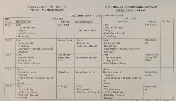 Thực đơn tháng 4 năm 2026