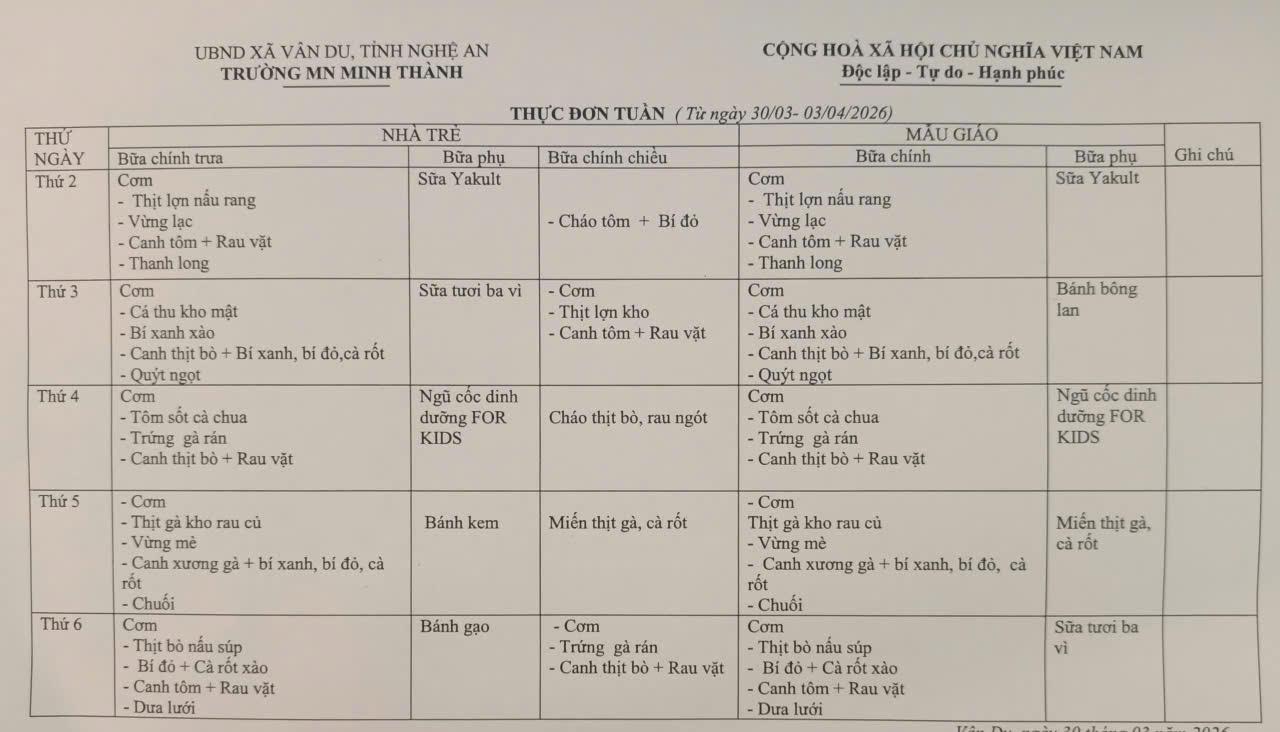 Thực đơn tháng 4 năm 2026